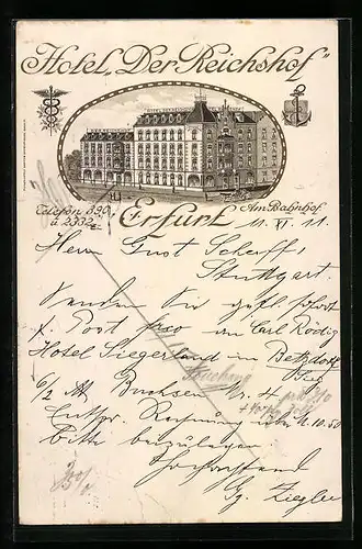 Künstler-AK Erfurt, Hotel Der Reichshof, Am Bahnhof