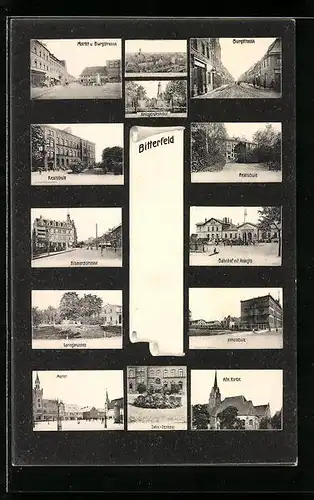 AK Bitterfeld, Markt und Burgstrasse, Realschule, Bismarckstrasse, Volksschule