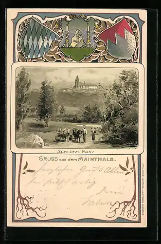 Passepartout-Lithographie Banz, Blick zum Schloss, Wappen
