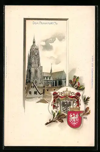 Passepartout-Lithographie Alt-Frankfurt, Dom im Stadtbild, Wappen