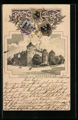Passepartout-Lithographie Stuttgart, Das Alte Schloss, Wappen
