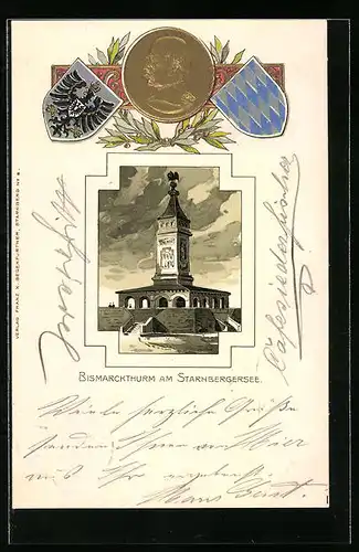 Passepartout-Lithographie Starnbergersee, Bismarckthurm, Konterfei Otto von Bismarck, Wappen
