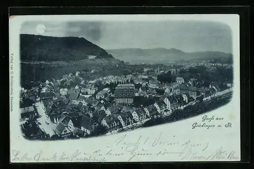 Mondschein-AK Geislingen a. St., Totalansicht aus der Vogelschau