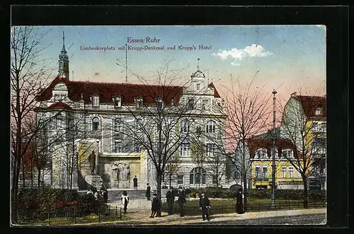 AK Essen / Ruhr, Limbecker-Platz mit Krupp-Denkmal und Krupp's Hotel