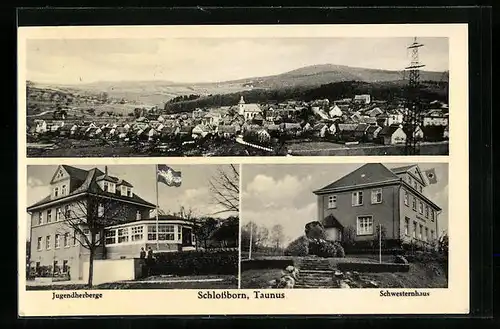 AK Schlossborn i. Taunus, Totalansicht, Jugendherberge, Schwesternhaus mit -Fahne