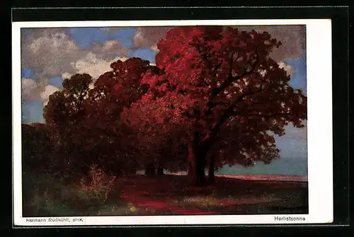 Künstler-AK Hermann Rüdisühli: Herbstsonne scheint auf Bäume mit Herbstlaub