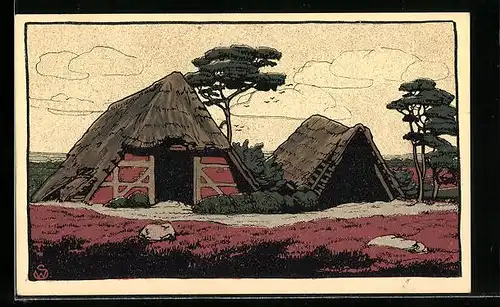 Steindruck-AK Alter verfallener Schafstall in der Lüneburger Heide