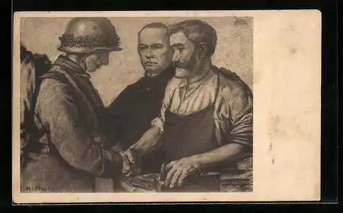Künstler-AK sign. Heinz Theis: Soldat reicht einem Handwerker die Hand, 1. Weltkrieg