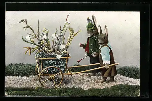 AK Kaninchen schieben einen Wagen mit Blumen