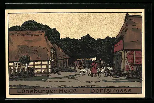 Steindruck-AK Dorfstrasse in der Lüneburger Heide