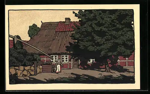 Steindruck-AK Dorfpartie in der Lüneburger Heide