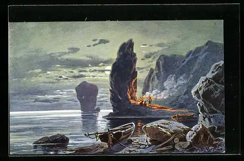 Künstler-AK Friedrich Perlberg: Lagerfeuer auf einem Felsen am Meer