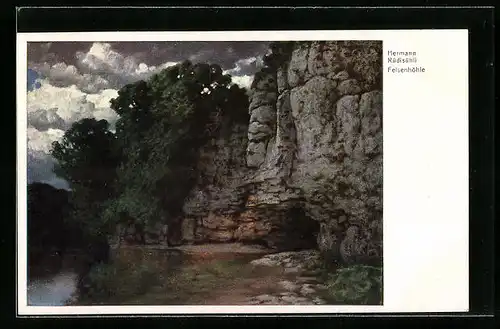 Künstler-AK Hermann Rüdisühli: Felsenhöhle an einem See