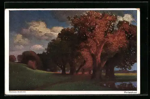 Künstler-AK Hermann Rüdisühli: Herbstabend mit bunt belaubten Bäumen