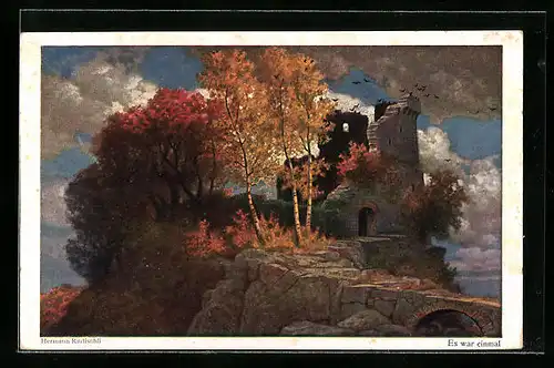 Künstler-AK Hermann Rüdisühli: Burgruine mit bunt belaubten Bäumen