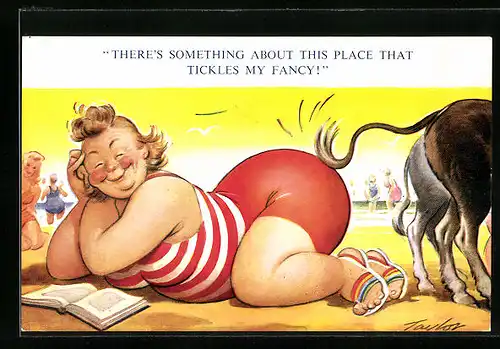 Künstler-AK Arnold Taylor: Beleibte Frau im Badeanzug wird von Eselsschwanz gekitzelt