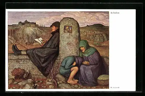 Künstler-AK Matthäus Schiestl: Menschen am Wegesrand in Italien