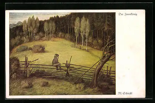 Künstler-AK Matthäus Schiestl: Junge sitzt auf einem Zaun am Waldrand