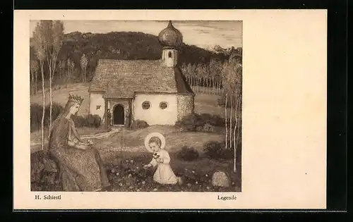Künstler-AK Heinz Schiestl: Kind mit Heiligenschein pflückt Blumen vor einer Kirche