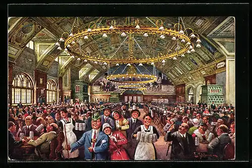 Künstler-AK Ernst Schlemo: München, Ansicht des vollbesetzten Hofbräuhauses