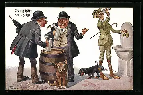 Künstler-AK Ernst Schlemo: Männer machen sich über einen Wassertrinker lustig
