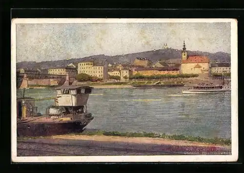 Künstler-AK Rudolf Schmidt: Urfahr, Pöstlingberg mit Dampfschiff