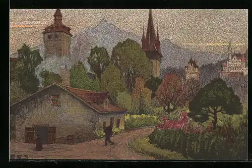 Künstler-AK Ernst E. Schlatter: Museggtürme mit Gütsch und Pilatus