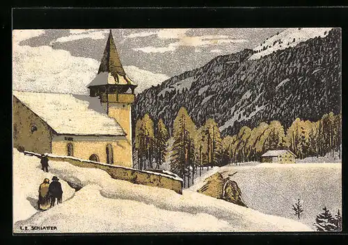 Künstler-AK Ernst E. Schlatter: Bergkirchlein im Schnee