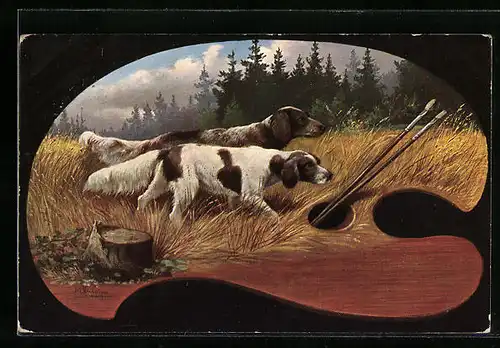 Künstler-AK Alfred Schönian: Jagdhunde auf der Pirsch, dargestellt auf einer Staffelei