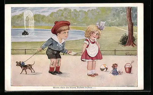 Künstler-AK Willi Scheuermann: Junge schenkt einem Mädchen Schokolade