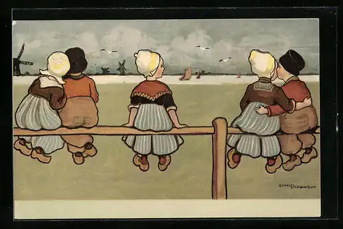 Künstler-AK Ethel Parkinson: niederländische Kinder in Tracht auf Zaun sitzend