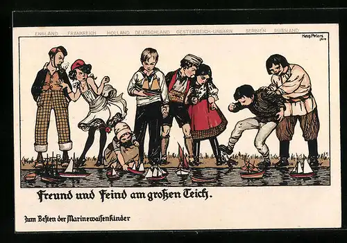 Künstler-AK Hela Peters: Freund und Feind am grossen Teich, Deutschland, England und Russland