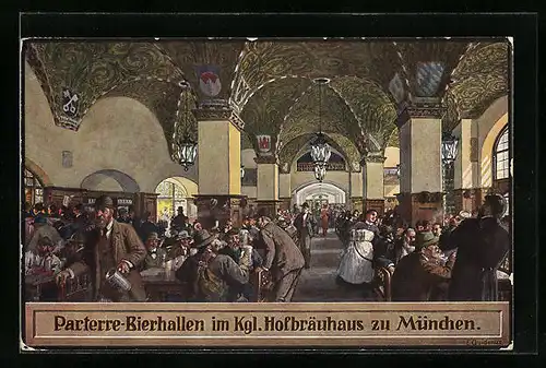 Künstler-AK Fritz Quidenus: München, Parterre-Bierhallen im Königlichen Hofbräuhaus, Innenansicht