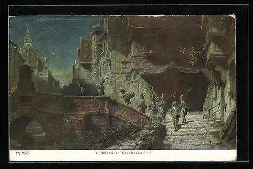 Künstler-AK Carl Spitzweg: Nächtliche Runde der Soldaten