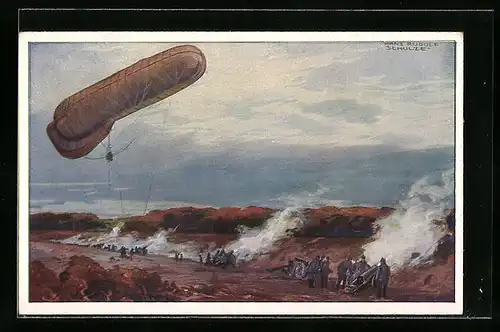 Künstler-AK Hans Rudolf Schulze: Fesselballon beobachtet Wirksamkeit des Artilleriebeschusses