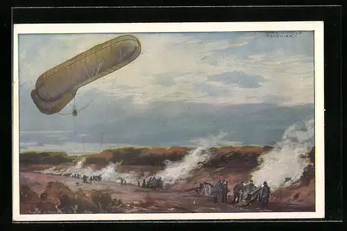 Künstler-AK Hans Rudolf Schulze: Wirksamkeit des Artilleriebeschusses wird durch Fesselballon beobachtet