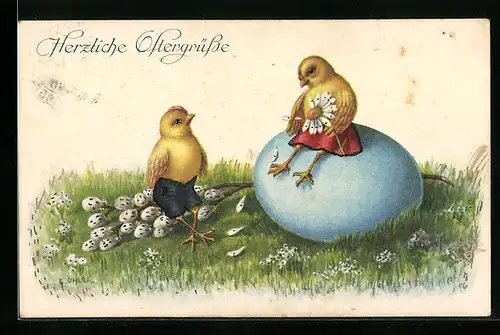 Künstler-AK C. Öhler: Kükenpaar wünscht herzliche Ostern