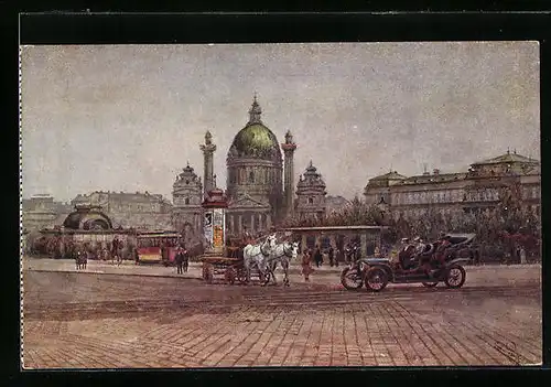Künstler-AK Erwin Pendl: Wien, Auto und Kutsche auf dem Karlsplatz
