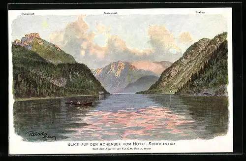 Künstler-AK F.A.C.M. Reisch: Stanserjoch, Blick auf den Achensee vom Hotel Scholastika mit Klobenjoch und Seeberg
