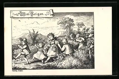 Künstler-AK Ludwig Richter: Mai, Reigen der Kinder