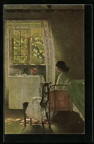 Künstler-AK sign. H. Slott-Moller: Morgenstimmung, Frau sitzt am Bett, Dänische Kunst