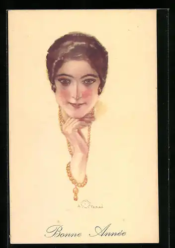 Künstler-AK Terzi: Frau mit aufgestütztem Kopf, Neujahrsgruss