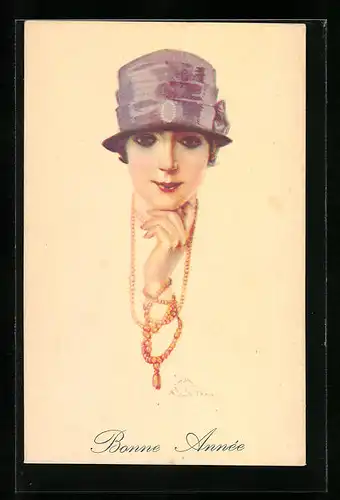 Künstler-AK Terzi: Frau mit Hut, Neujahrsgruss