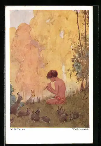 Künstler-AK Margaret W. Tarrant: Junge mit Flöte und Hasen