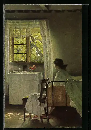 Künstler-AK sign. H. Slott-Moller: Morgenstimmung, Frau sitzt auf dem Bett, Dänische Kunst