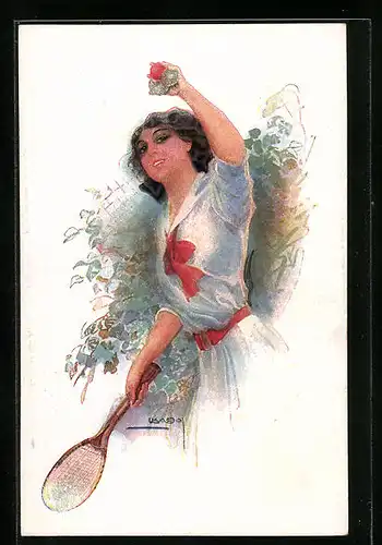 Künstler-AK Luis Usabal: Frau mit einem Tennisschläger
