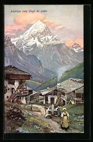 Künstler-AK Hans Treiber: Antelao, Ortspartie von Zuel di sotto