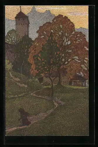 Künstler-AK Ernst E. Schlatter: Musegg, Ortspartie am Abend