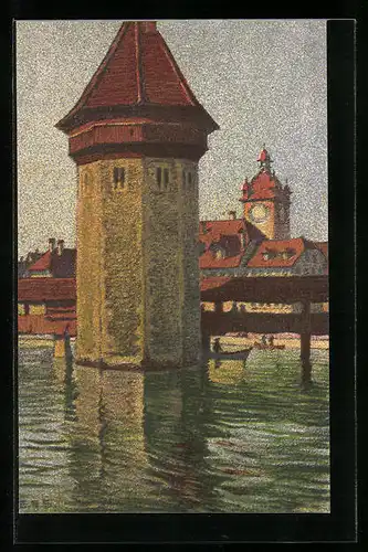 Künstler-AK Ernst E. Schlatter: Wasserturm mit dem Rathaus