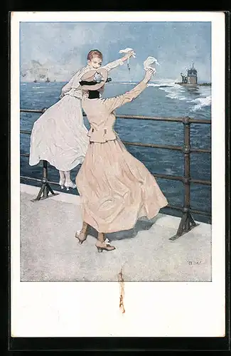 Künstler-AK Brynolf Wennerberg: Zwei Frauen winken einem U-Boot